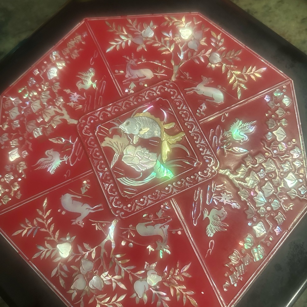 Vintage Red lacquer box mother of pearl inlay